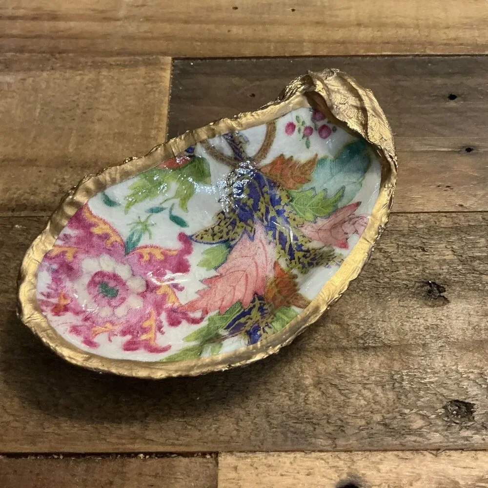 Handmade  Baby Abalone Shell Ring Dish Decoupaged Floral Trinket Gold Rim/bottom
